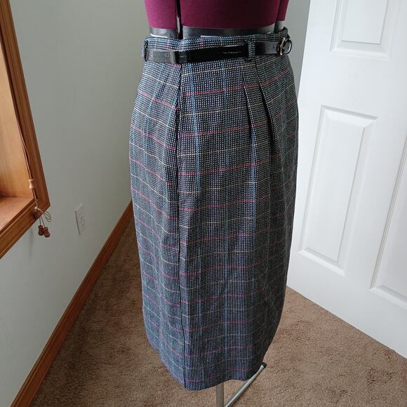 Worthington Vintage Wool Pencil Skirt 16 midi pockets black houndstooth +belt - Picture 5 of 16